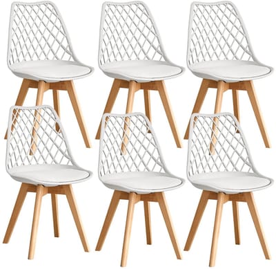 QUESTYR Set van 6 Eetkamerstoelen – Wit – Scandinavisch Design – Mesh Rugleuning & Houten Poten – Comfortabele PU‑Lederen Stoelen voor Keuken & Eetkamer