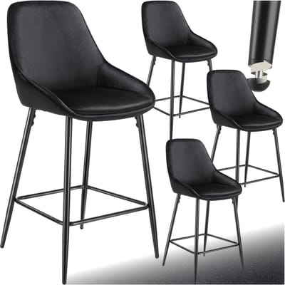 tectake® - Set van 4 Barkrukken Siera - Gestoffeerde Barkruk met rugleuning - Barstoelen - Barstoel met voetensteun - Eetkamerstoel met fluweellook bekleding en zachte schuimvulling - Stevige stalen poten met antislip vloerbescherming - Zwart