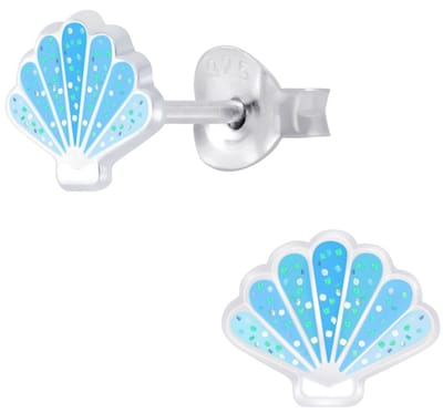 Joy|S - Zilveren schelp oorbellen - glitter blauw - 8 x 6 mm
