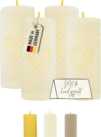Adventskaarsen set van 4, 100% bijenwas, handgerold, wit met hart, stompkaarsen voor Kerstmis, lange brandduur