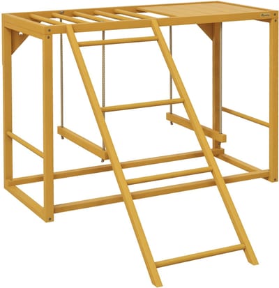 PawHut Hühner-Spielgerüst aus Holz, Spielplatz mit Schaukeln Leiter Plattform Sitzstange Klettergerüst für 3-4 Hühner Naturholz