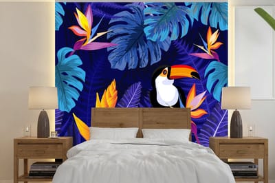Behang meisjeskamer - Fotobehang Jungle - Toekan - Bloemen - Planten - Kinderen - Paars - Dieren - Breedte 240 cm x hoogte 240 cm