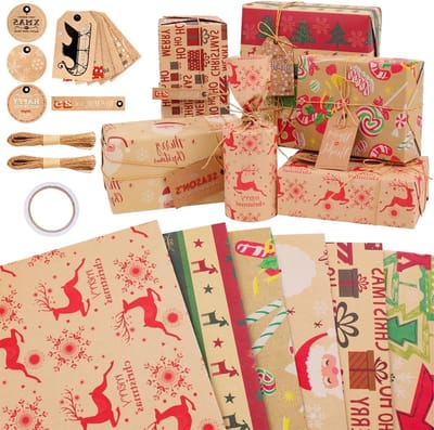 Kerstcadeau inpakpapier van gerecycled kraft voor jongens en meisjes, natuurvriendelijk ontwerp met kerstmotieven en tape, perfect voor verjaardagen en feestdagen