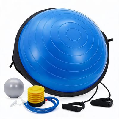 Balance Trainer Halve Oefenbal 25 inch - Yoga Halve Bal met Weerstandsbanden, Anti-slip Fitnessbal voor Core Krachttraining, Inclusief Pomp en Pilatesbal - Blauw