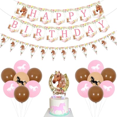 Paarden Verjaardagsdecoratie - Feestdecoratie Set - Meisjes Verjaardagsfeest - Roze Bloemen Paarden - 18 Ballonnen - Roze
