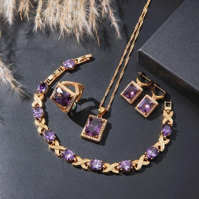 Klassieke Vierkante Paarse Zirkonia Sieraden Set voor Vrouwen, Open Ring, Oorbellen, Hanger, Ketting Set, Bruids Bruidsmeisje Huwelijksgeschenk resizable black