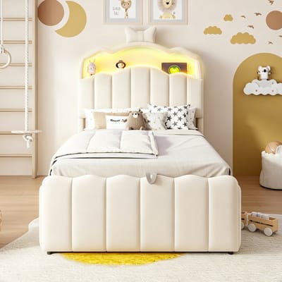 Kinderbed 90x200 cm - Eenpersoonsbed - Opbergbed - Multifunctioneel bed - Met hydraulische functie - Met Opvouwbaar hoofdbord - Met LED-lamp - Met opbergvak - Met USB-oplaadpoort - Veilig en comfortabel - Beige
