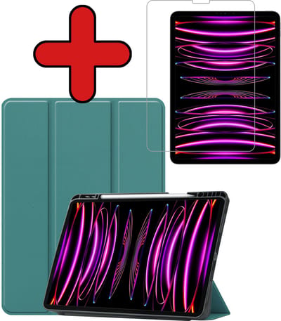 Hoesje - Geschikt voor Apple iPad Pro (2022) - 12.9 inch - Met Screenprotector - Trifold Bookcase Hoes - Hard Cover Case - Met Uitsparing Geschikt voor Apple Pencil - Hardcover Book - Tablethoes - Donkergroen