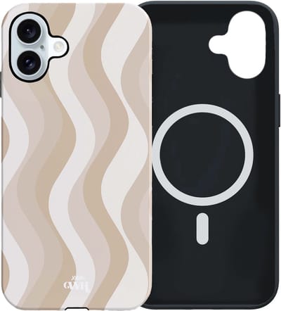 xoxo Wildhearts siliconen hoesje geschikt voor iPhone 16 MagSafe hoesje - Minimal Nude - Double Layer - Magnetisch telefoonhoesje - Magneet case - Backcover met dubbele beschermlaag - Golvenprint - Golvend patroon - golven - Beige / Creme / Wit
