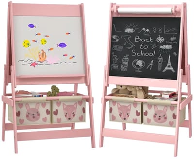 3-in-1 Kinderstaffel - Schildersezel voor Kinderen - met Papierrol, Krijtbord, Whiteboard en Opbergmanden - MDF - Grenenhout - Premium Kwaliteit - Lange Levensduur - Extreem Stabiel - 54x46,5x93 cm - Roze
