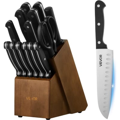 Keukenmes Set met Blok en Slijper, 15 Delige Duitse Hoge Koolstof Roestvrij Staal Mes Set, Keukengerei met ABS Ergonomisch Handvat,