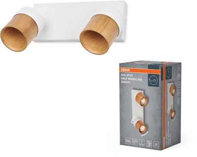 OSRAM LED Spot Half Wood Line Plafondspot 2x GU10, Wit/Hout decor, Staal/Rubberhout, draaibaar