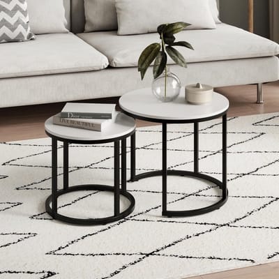Set van 2 Ronde Salontafels, Nestelbaar, Modern Woonkamertafel met Metalen Frame