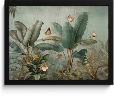 Poster in lijst - Fotolijst 40x30 cm - Posters - Tropisch bladerdek - Vlinders - groen - Bruin - Posterlijst zwart - Decoratie - Wanddecoratie woonkamer - Muurdecoratie slaapkamer