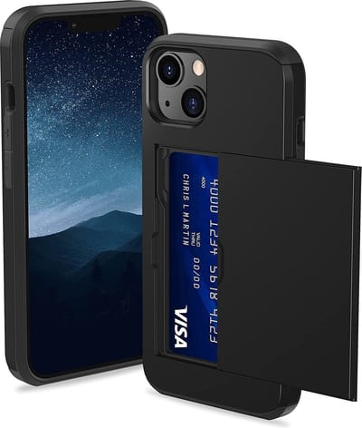 ShieldCase telefoonhoesje geschikt voor Apple iPhone 15 Kaarthouder case met slider - hoesje met ruimte voor pasjes - pasjeshouder - hardcase - zwart