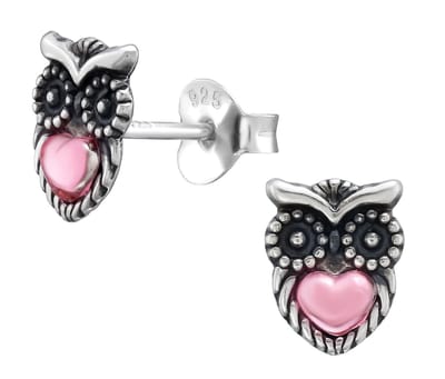 Joy|S - Zilveren uil oorbellen - 6 x 8 mm - met roze hartje - geoxideerd - oorknoppen