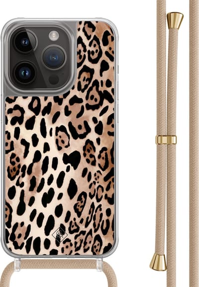 Casimoda® hoesje met beige koord - Geschikt voor iPhone 13 Pro - Luipaard print bruin - Afneembaar koord - TPU/polycarbonaat - Bruin/beige