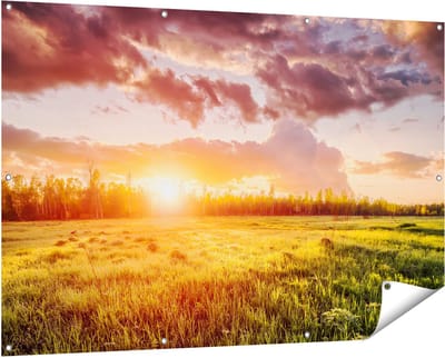 Gards Tuinposter Zonsopkomst in het Veld - 150x100 cm - Tuindoek - Tuindecoratie - Wanddecoratie buiten - Tuinschilderij