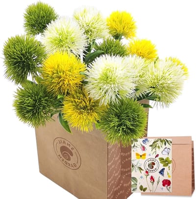 15 Stuks Kunstmatige Paardenbloem en Chrysant Boeket met Vaas, Kraft Papieren Zak en Plastic Bloemenbollen voor Binnen en Buiten Decoratie (Wit, Geel, Groen)