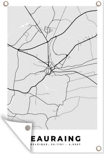 Muurdecoratie Stadskaart – Plattegrond – België – Zwart Wit – Beauraing – Kaart - 120x180 cm - Tuinposter - Tuindoek