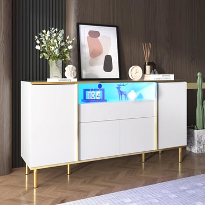 MODENUIT Dressoir - Hoogglans Met LED En Lade - 4 Deuren Voor Woonkamer En Slaapkamer - MDF - 150x40x80 Cm - Wit