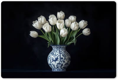 Placemats 45x30 cm - Placemat kunststof - 1 stuk - Wit - Bloemen - Tulpen - Vaas - Borden onderleggers - Decoratie voor op tafel - Keuken tafeldecoratie accessoires - Vinyl onderlegger - Tafelversiering