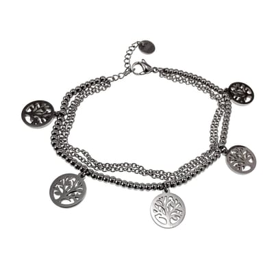 15cm tot 19cm Armband Dames - RVS Zilverkleur - Triple Armband met Vijf Levensboom Hanger - Verstelbaar
