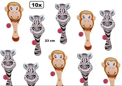 10x Racket met bal aap/zebra 23 cm assortie - speelgoed thema feest verjaardag uitdeel kado kerst