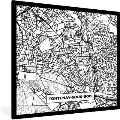 Fotolijst incl. Poster Zwart Wit- Stadskaart - Frankrijk - Fontenay-sous-Bois - Kaart - Plattegrond - Zwart wit - 40x40 cm - Posterlijst