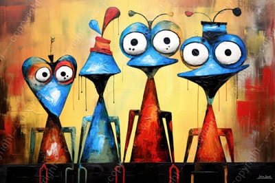 John Joseb Art (Aluminium) 90x60 | Grappige kikkers op een rij, humor, gek, abstract, kunst | dier, bolle ogen, kikker, mens, blauw, geel, rood, grijs, modern | foto-schilderij op dibond, metaal wanddecoratie
