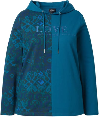Ulla Popken - Dames - Hoodie patchprint capuchon lange mouwen - Petrol - Maat 42+