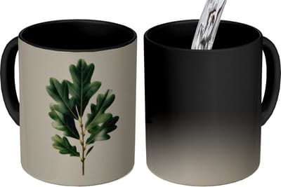 Magische Mok - Foto op Warmte Mokken - Koffiemok - Eikenbladeren - Beige - Groen - Golvende randen - Magic Mok - Beker - 350 ML - Theemok