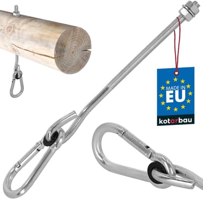 KOTARBAU® Schommelhaak, Verzinkt Staal, M10 x 230 mm, Zilver, met Karabijnhaak, Houtdraad, Schommelhaak voor Houten Balk, Schommel Hanger