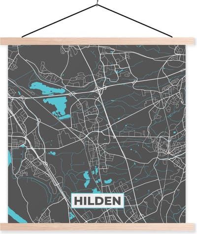 Posterhanger incl. Poster 60x60 cm - Schoolplaat - Blauw – Duitsland – Plattegrond – Stadskaart – Kaart – Hilden - Textielposter - Blanke latten - Stadskaart