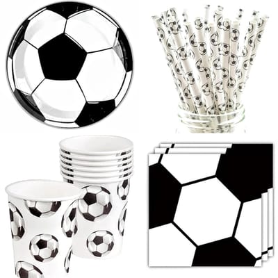 Voetbal party set zwart/wit 65-delig - voetbal - verjaardag - feest - party - decoratie - rietje - bord - beker - taart topper