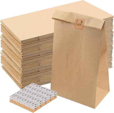 100 Stuks 24x13x8cm Bruine Kraft Papieren Tassen, Vetvrije Voedselzakken met Stickers voor Snacks, Cadeaus en Winkelen