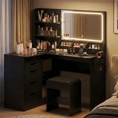 Hoek Kaptafel met LED Spiegel - Inclusief Kruk - Laden - 120x80x160 cm - Zwart - Spiegel Verlichting – 120 x - Medahomestore