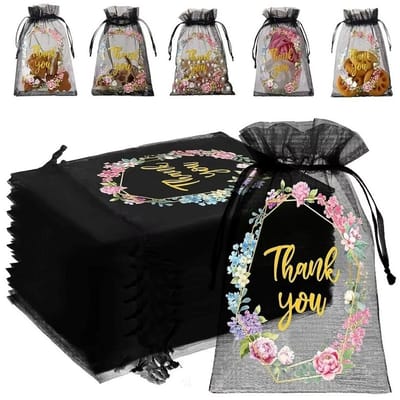 20x Organza Zakjes Met Print - Organza Met Opdruk - 10x15cm - Feestzakjes - Snoepzakjes - Cadeauzakjes - Uitdeelzakjes - Sieradenzakjes - Thank You Bloemenkrans - 10x15 cm - Zwart - 20 Stuks