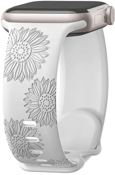 Stravo Siliconen Bandje met Zonnebloemgravure – Comfortabel & Ademend Bandje – Geschikt voor Apple Watch 42mm (Series 11/10), 41mm (Series 9/8/7), 40mm (Series 6/5/4, SE 3/2/1), 38mm (Series 3/2/1) – Wit