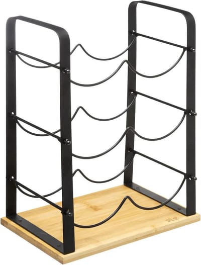 Metalen/bamboe flessenrek/wijnrek voor 6 flessen 25,5 x 17 x 38 cm zwart - Wijnfles houder