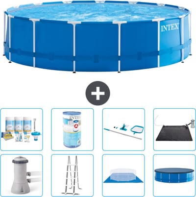 Intex Rond Frame Zwembad - 457 x 122 cm - Blauw - Inclusief Pomp - Ladder - Grondzeil - Afdekzeil Onderhoudspakket - Filter - Schoonmaakset - Solar Mat