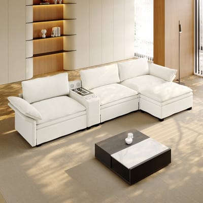 Modulaire Zitbank, L-Bank, 3-Zitsbank, L-vormige Chenille Cloudbank Hoekbank met Opbergruimte, Poef, Draadloos Opladen, Luidspreker, Licht, 2 Bekerhouders, Banken voor Woonkamer, Kantoor-Beige