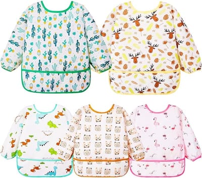 Waterdichte slabbetjes met lange mouwen voor baby's, 5 stuks, ideaal voor schilderen en eten, 0-2 jaar