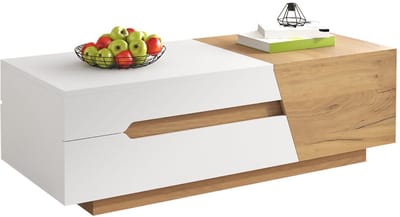 Uitschuifbare Salontafel met Lades - Moderne MDF Salontafel met Opbergruimte - Woonkamer - Wit en Hout