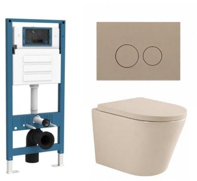QeramiQ Dely Toiletset - inbouwreservoir Qeramiq Flush - 35mm zitting - kunststof taupe bedieningsplaat - ronde knoppen - beige