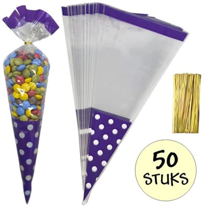 50x Cellofaan Puntzakken Paarse Stippen 37x18cm - Uitdeelzak - Traktatie Zak - Snoepzak - Inclusief Sluitstrips - 18x37cm - Paars - 50 Stuks