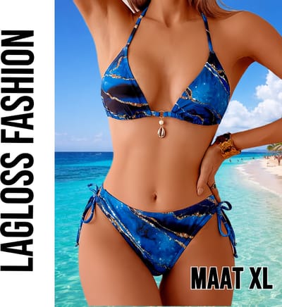 LaGloss® 2-delige Halter Bikini Set in Blauw Marmer met Gouden Accenten – Haltertop met Schelphanger en Verstelbare Strikbandjes – Strandmode – Beach Fashion – Maat XL