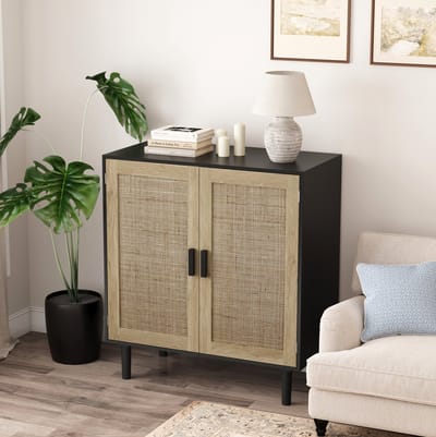 FloraGrace Dressoir - Rotan Opbergkast Met 2 Deuren - Voor Woonkamer Eetkamer En Hal - MDF En Hout - 80x40x88 Cm - Zwart