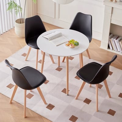 Scandinavische Ronde Eettafel met Set van 4 Eetkamerstoelen – Gestoffeerde Stoelen met PU-Kussen – Tafel Voor Keuken, Eetkamer, Restaurant of Woonkamer - Zwart