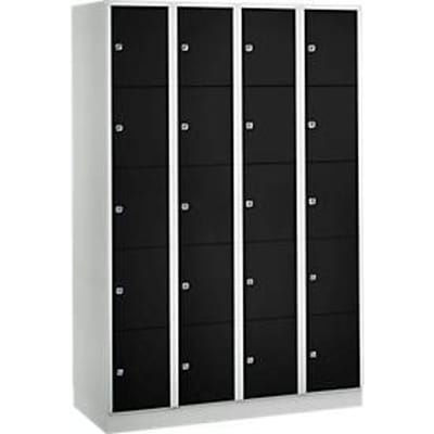 Vakkenkast 300 mm, 4 compartimenten, 20 vakken, veiligheidscilinderslot, sokkel, diepzwart